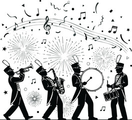 Black and white illustration of a marching band playing instruments with musical notes, confetti, and fireworks in the background.
