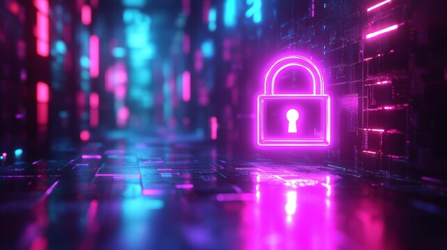 A visually stunning representation of digital security. The vibrant neon colors highlight a secure lock in a futuristic data environment. Protect your digital assets. Generative AI