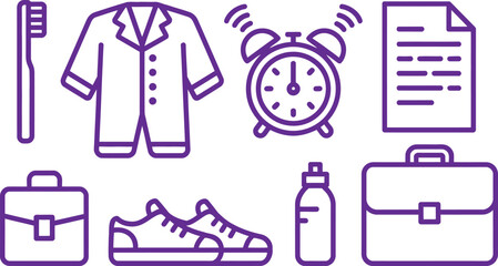 Purple Line Art Toothbrush, Coat, Clock, Document, Briefcase, Shoes, and Water Bottle