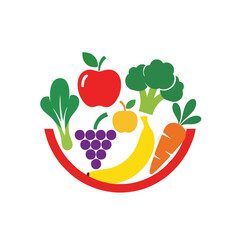 Flat Wholesome Food Logo With Fruit and Vegetable Shapes Arranged in a Bowl Silhouette
