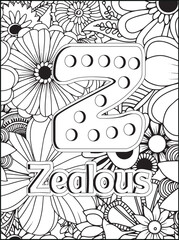 Intricate floral design with the letter z and the word zealous for coloring and artistic expression