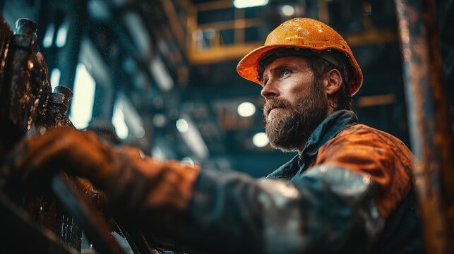 Industrial worker operating heavy machinery in a factory environment cinematic perspective of industrial labor dynamics
