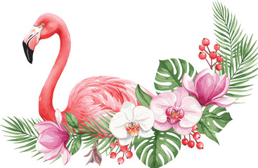 Obraz premium Elegant watercolor flamingo with tropical flowers, exotic bird surrounded by pink blossoms and green leaves, nature-inspired art design