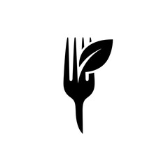Minimalist Wholesome Food Logo Silhouette, Fork and Leaf Combined Into One Symbol, Bold Black Shape
