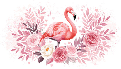 Naklejka premium Romantic watercolor flamingo with pink roses and leaves, elegant floral background with hearts, feminine tropical bird illustration artwork