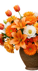 Obraz premium Vibrant Orange Floral Bouquet with Lilies and Tulips in Clay Vase Photo