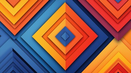 A vibrant abstract composition of overlapping geometric shapes in warm and cool colors.