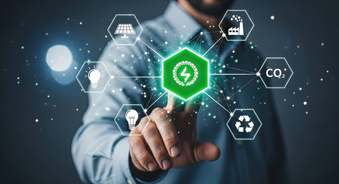 Man interacts with green energy icons projected on digital interface in a technology focused setting - Powered by Adobe