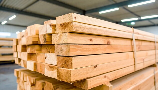 Stacked wooden beams fill a warehouse, showcasing the natural beauty of construction materials.