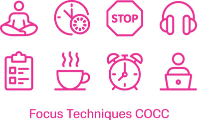 Set of Magenta Line Art Icons Yoga, Clock, Stop, Headphones, Laptop, Tea Cup, Timer