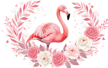 Naklejka premium Romantic watercolor flamingo with pink roses and leaves, elegant floral background with hearts, feminine tropical bird illustration artwork