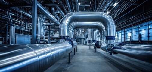 The Pipes in a Stainless Steel Industrial Plant Interior with Curved Ductwork