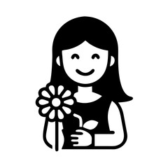 Smiling female icon holding daisy flower - monochrome illustration