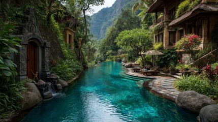 Lush Tropical Resort Pool Landscape with Teal Water