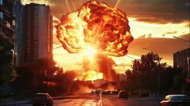 Extensive scary nuclear explosion in outdoor, mushroom cloud
