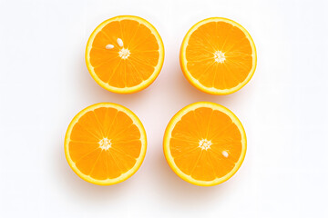Four Orange Halves on White Surface Showing Juicy Pulp and Fresh Vibrant Color for Food Concepts