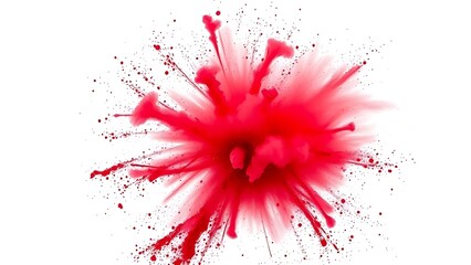 A burst of bright red Holi powder frozen in motion, creating a vivid and energetic display on a pure white background.