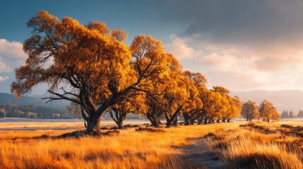 Fototapeta premium Golden Autumn Trees in a Field at Sunrise
