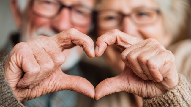 relationships love and old people concept  close up of senior couple showing hand heart gesture no logos no brands ar 169