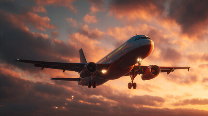 Fototapeta premium Dramatic Sunset Airplane Landing: Commercial Airliner Descending Through Fiery Cloudscape