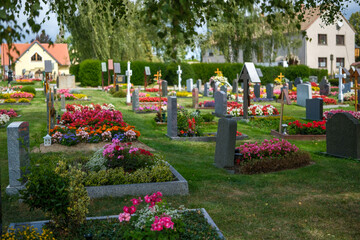 Friedhof im Sommer, bunte Blumen, Natur