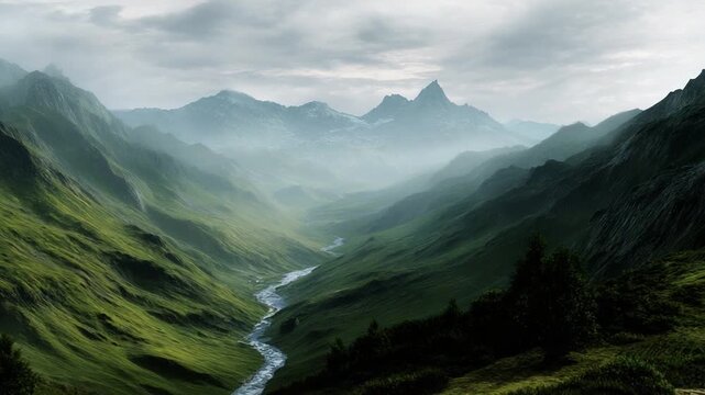 Majestic Mountain Vista: A breathtaking panorama unveils a lush, verdant valley carved by time, flanked by towering, imposing peaks, all shrouded in a mystical haze.