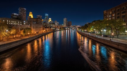 Naklejka premium view of the mississippi river from the stone arch bridge at night in minneapolis minnesota no logos no brands ar 169