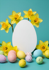 Easter display with yellow daffodils surrounding blank egg-shaped space. Colorful speckled and solid-colored Easter eggs are scattered around the flowers.