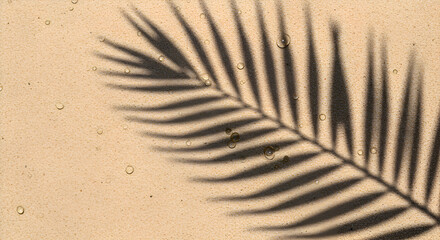 Palm leaf shadow on beige sand with water droplets. Abstract shadow art with textured background. Relaxing beach scene. Use for travel or nature photography -