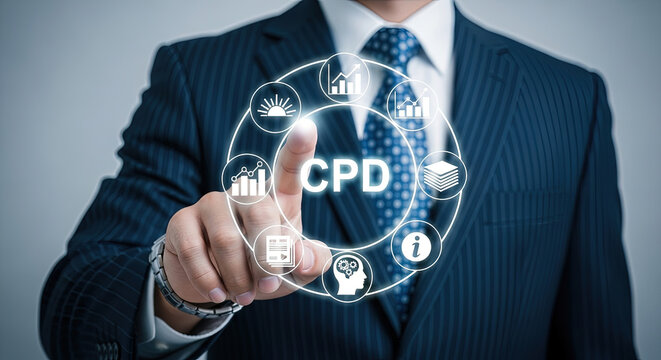 Businessman touches the glowing CPD interface with data icons on a digital screen
