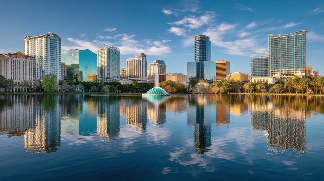 orlando florida usa downtown city skyline on eola lake no logos no brands ar 169