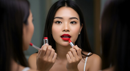 Young Asian woman applying red lipstick in front of bathroom mirror. Focused application in a domestic setting. Female model applying makeup in a home bathroom.