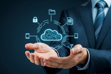 Businessman presenting modern cloud computing network technology with data security icons and digital connections in his hands