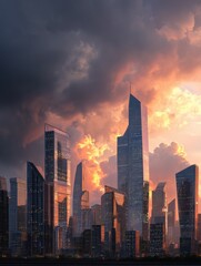 Fototapeta premium modern architecture skyline featuring striking skyscraper silhouettes against a dramatic sky for contemporary urban design and dynamic cityscape imagery