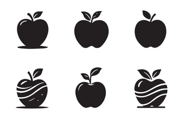 Six black apple icons with leaves and stems on white background fruit symbol