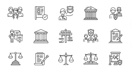  Law justice and court Arrest of the criminal defense of the accused and verdict of punishment. Outline icon 