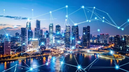 Futuristic urban landscape with network connections showcasing smart city technology and digital - Powered by Adobe