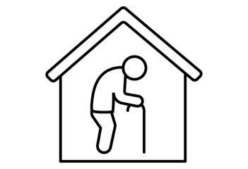 
Elderly Person Living Alone at Home, Minimal Line Icon Depicting Senior with Cane Inside House, Symbol for Loneliness, Independent Living, Home Care, Nursing, and Social Welfare Services