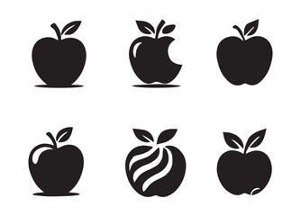 Six black apple icons with leaves and variations fruit food