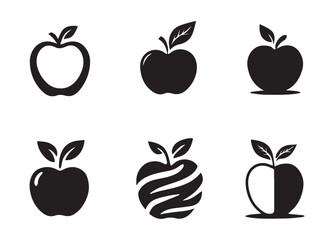 Six Black Apple Icons With Leaves And Stems On White Background fruit food