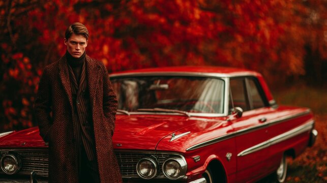 Fototapeta Portrait of a Man in a Red Coat Near a Red Vintage Car During Autumn