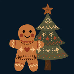 Vector gingerbread man in Scandinavian folk style standing near decorated Christmas tree with ornaments and star. Cozy festive illustration for winter holidays, greeting cards and New Year design.