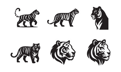Six black and white tiger illustrations on a white background animal wildlife