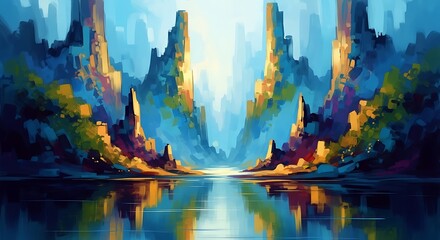 Colorful Mountain Valley Landscape Painting.