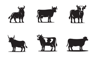 Six black cow and bull silhouettes on white background cattle livestock