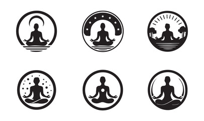 Six black silhouette yoga meditation icons in circles vector 1