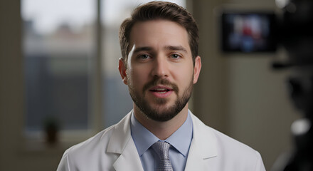 A Caucasian male physician in a white lab coat and light-blue collared shirt is speaking directly into a camera in a medical office. A professional male doctor talking to a camera in a clinic setting.