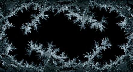 Frozen ice crystal patterns on glass in a detailed, intricate design. Detailed frost formations on a black background.