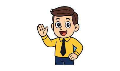 Cartoon boy in yellow shirt and blue pants waving hello greeting