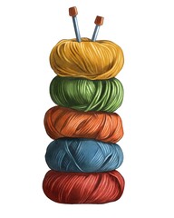 Colorful yarn stacked neatly with knitting needles resting on top in a cozy crafting space